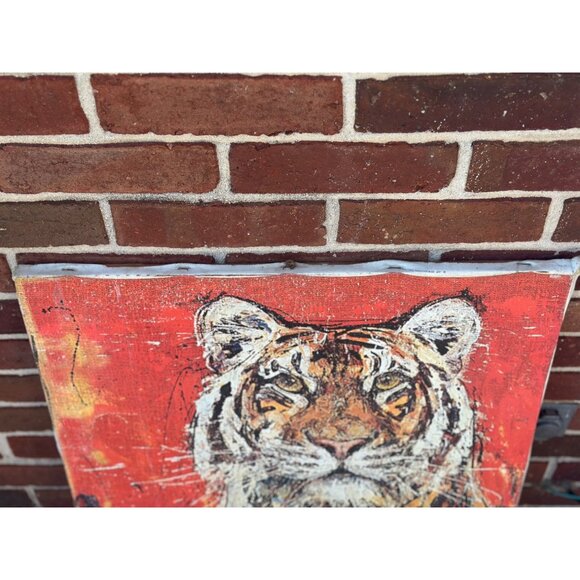 VTG Tiger Portrait Canvas Art Abstract Expressionist Style Red/Orange Background - Picture 4 of 8